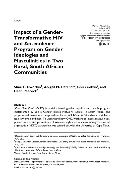 Impact of a GenderTransformative HIV and Antiviolence Program on Gender Ideologies and Masculinities in Two Rural, South African Communities