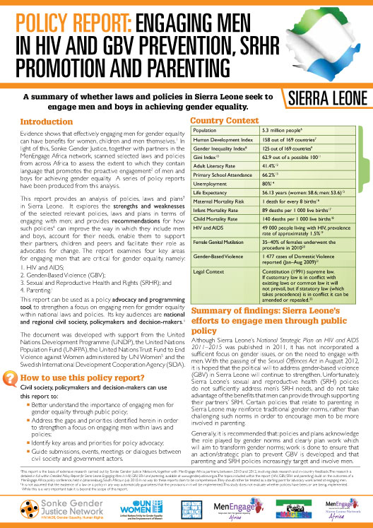Policy Report Sierra Leone: Engaging Men In HIV And GBV Prevention, SRHR Promotion And Parenting