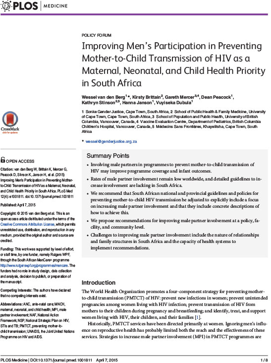 Improving Men’s Participation in Preventing Mother-to-Child Transmission of HIV as a Maternal, Neonatal, and Child Health Priority in South Africa