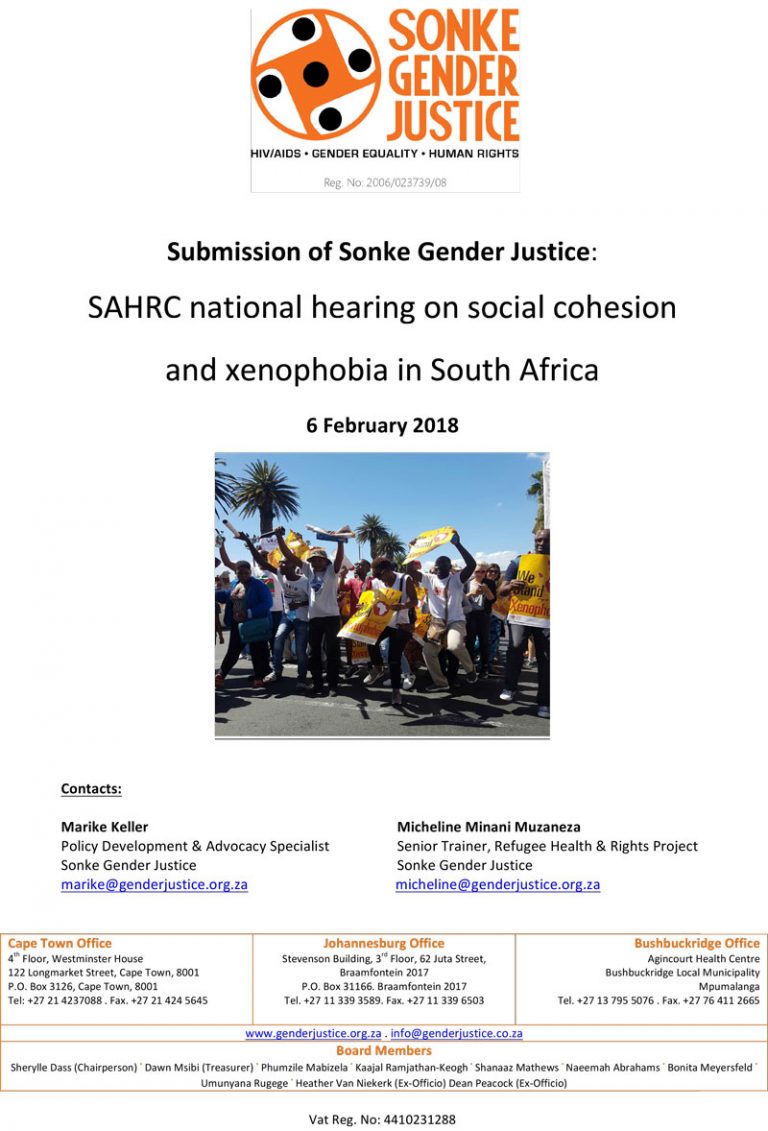 Submission Of Sonke Gender Justice Sahrc National Hearing On Social Cohesion And Xenophobia In 5515